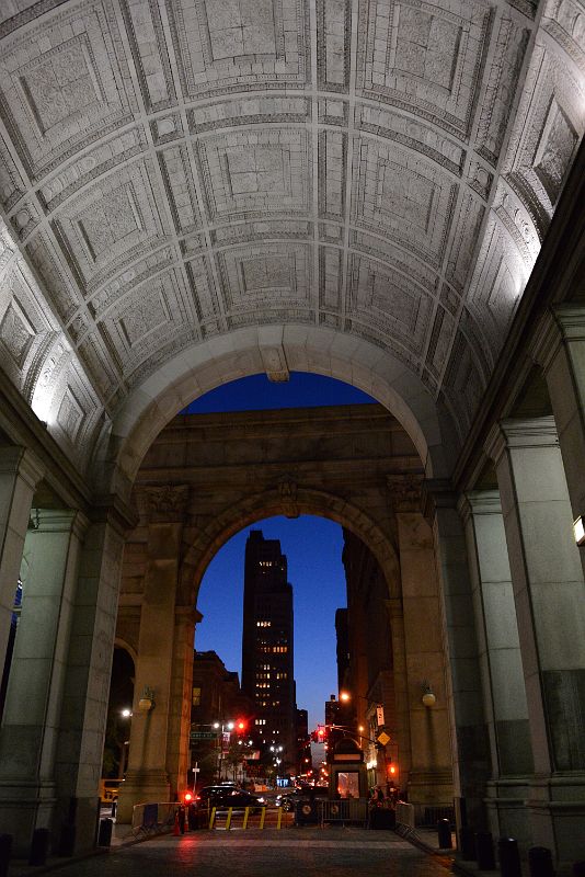 06-7 The Central Arch Of The Manhattan Municipal Building With Tower 270 Broadway Behind At Night In New York Financial District